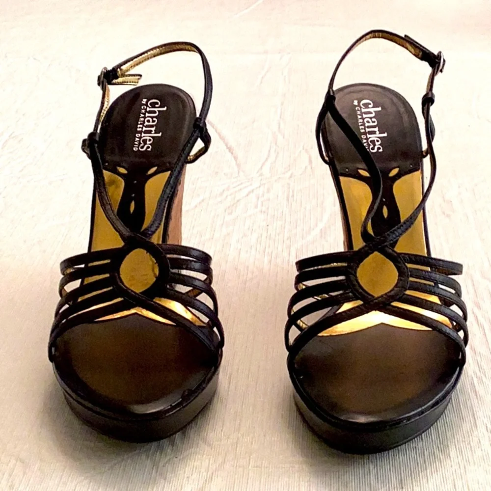 CHARLES by Charles David Cork and Black Leather Wedge Sandal. Size 8 M